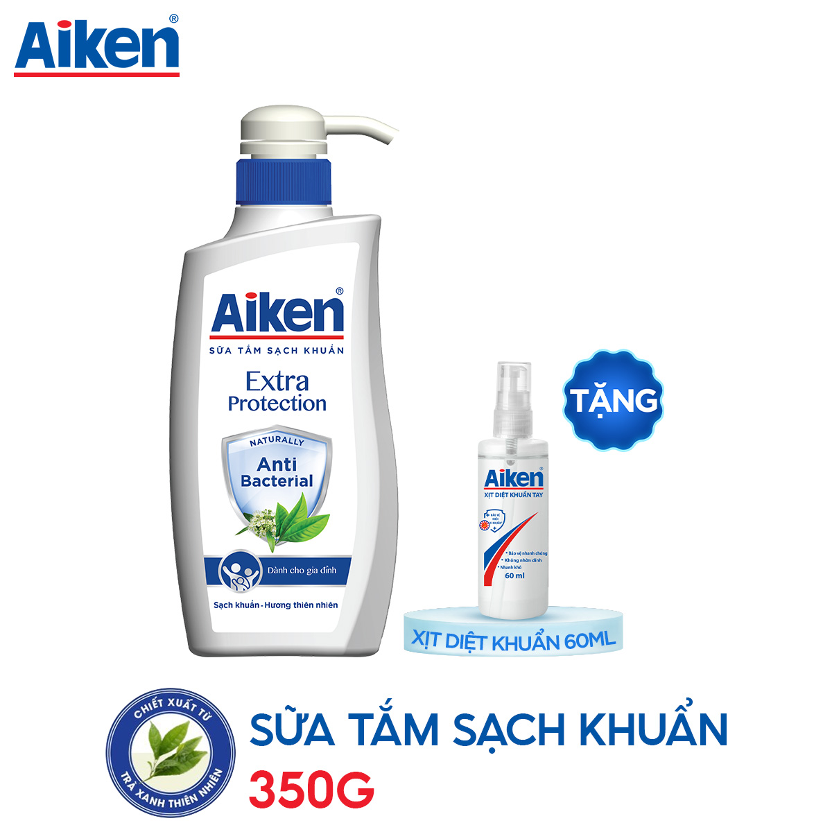 Aiken Sữa Tắm Trà Xanh/Bạc Hà 350g + Xịt Diệt Khuẩn 60ml