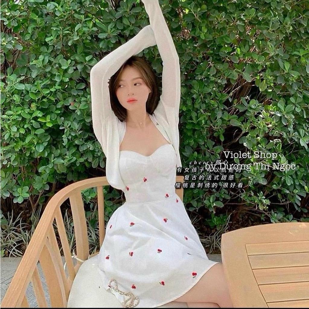 Sét đầm hai dây Cherry phối áo khoác thun gân xinh xắn dạo phố, đi biển
