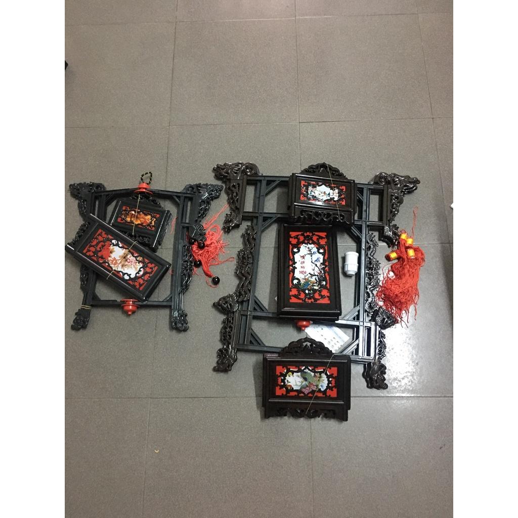 Đèn lồng nhựa giả gỗ lục giác 6 cạnh in hoa văn nhiều size