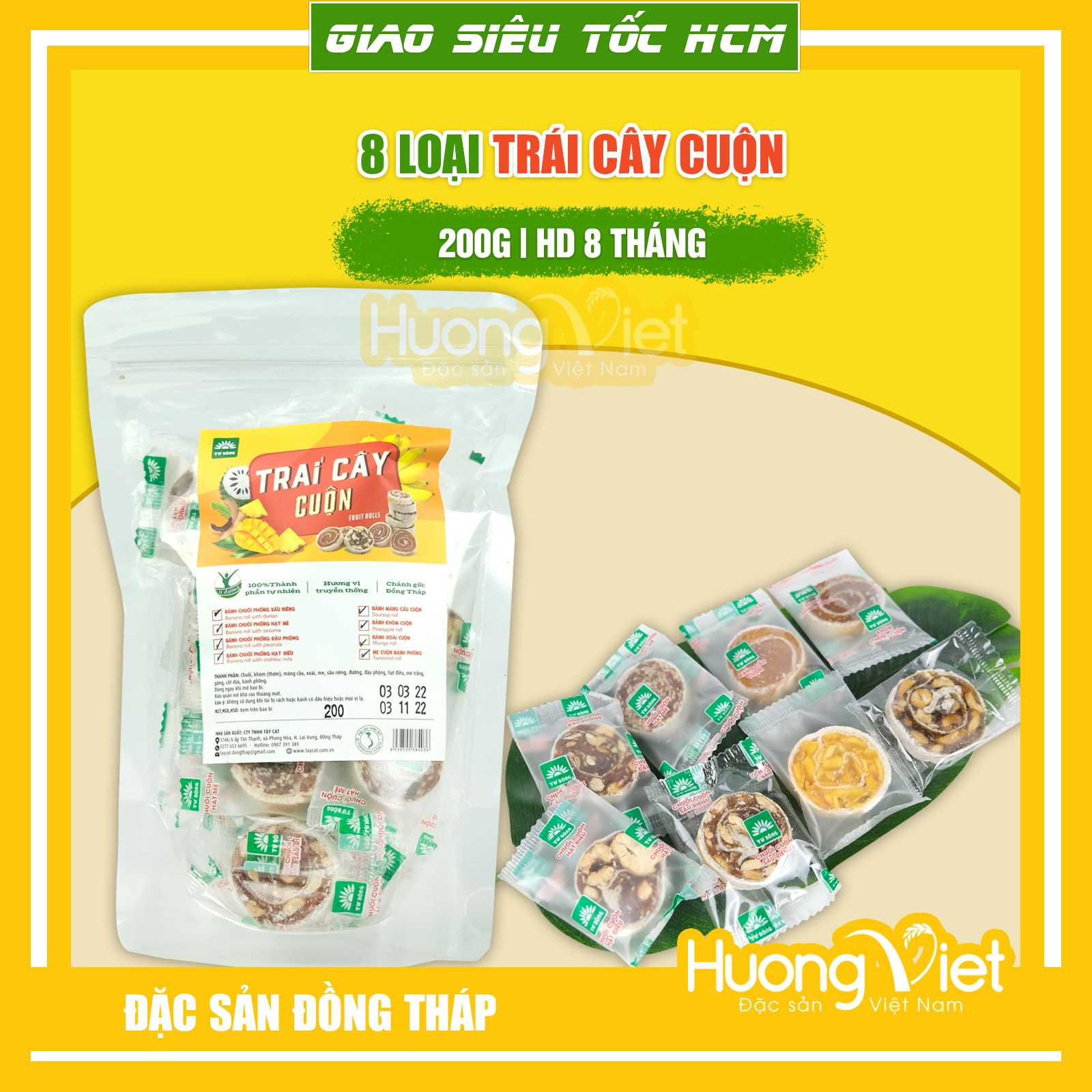 Mứt trái cây cuộn thập cẩm 8 vị hiệu Tư Bông, đặc sản Đồng Tháp, bánh mứt đãi Tết