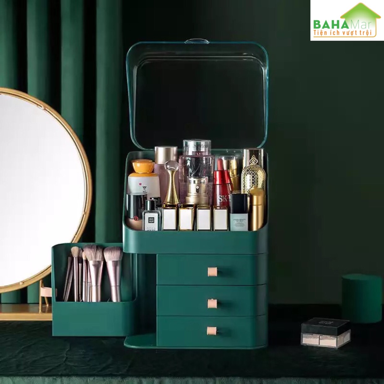 HỘP ĐỰNG MỸ PHẨM, TRANG SỨC NHIỀU NGĂN TIỆN SỬ DỤNG "BAHAMAR" Trong lòng hộp rộng, để công suất lớn, có không gian để cọ trang điểm, Có ngăn chuyên dụng đặt son môi,