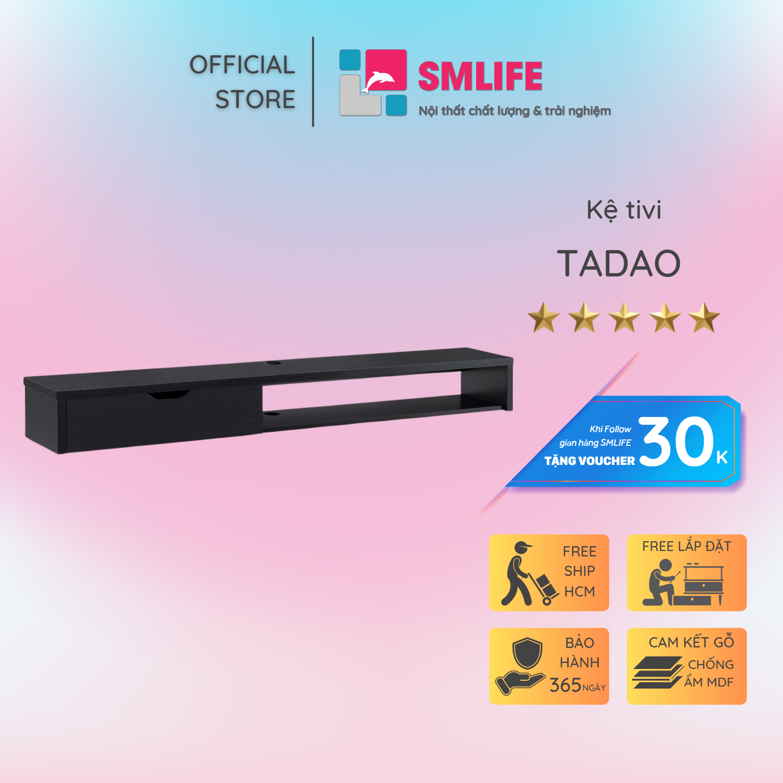 Kệ tivi gỗ hiện đại SMLIFE Tadao  | Gỗ MDF dày 17mm chống ẩm | D150xR25xC18cm