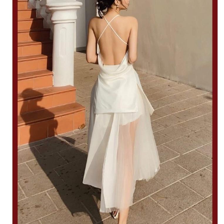 Set đầm váy xoè dài satin phối lưới cổ yếm hở lưng đan lưng trắng đen đi biển dự tiệc dạo phố bigsize gợi cảm sexy