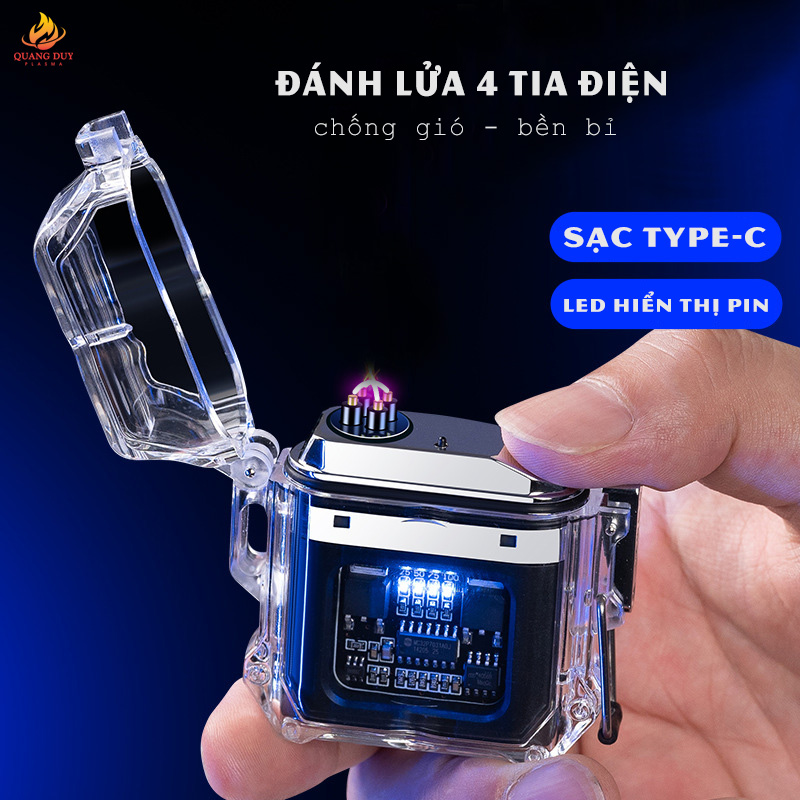Hộp quẹt điện chống nước vỏ trong suốt, công nghệ 4 tia plasma chống gió sạc pin tiện lợi.