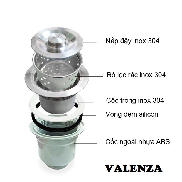 Combo chậu rửa chén bát hai hố cân Valenza sus304 8245 + vòi rửa bát sus304 cổ điển 2 đường nước + rổ inox đa năng + bình xà phòng