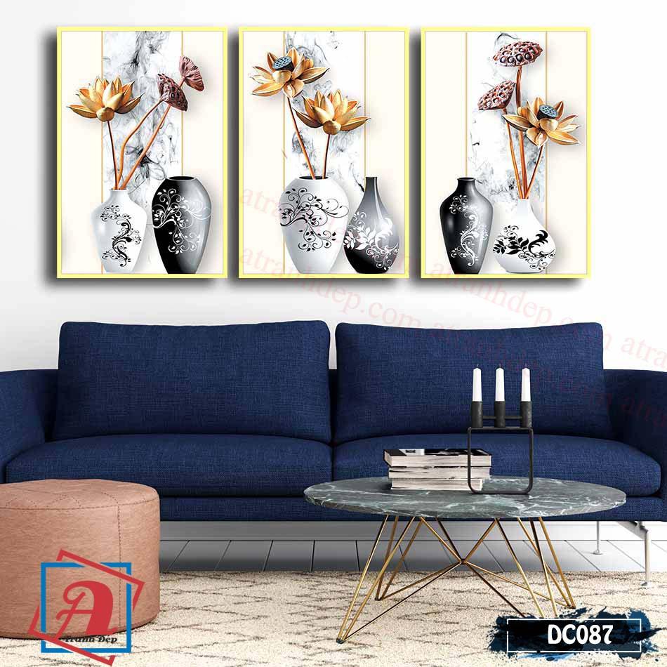 Bộ 3 tranh canvas treo tường Decor Bình hoa sen – DC087