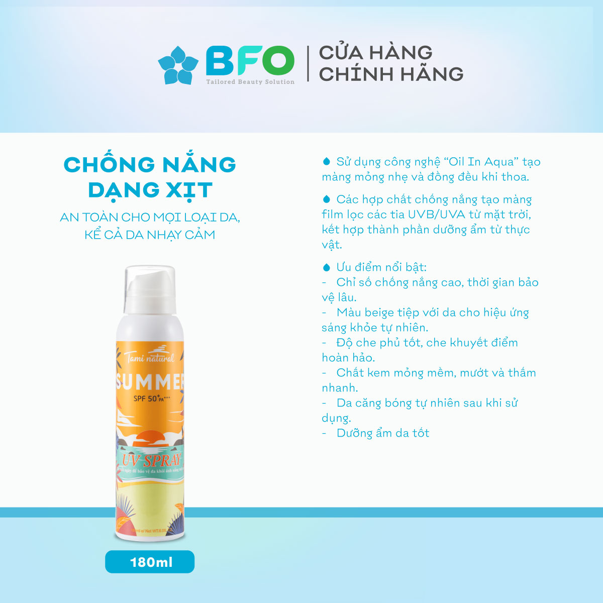 Kem chống nắng nâng tone dạng xịt Summer UV Spray cao cấp SPF 50 PA+++ (Dung tích 180ml)