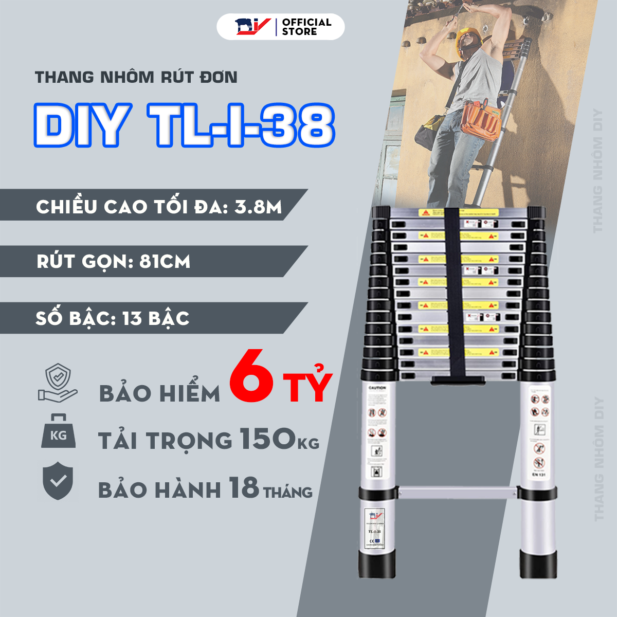 Thang nhôm rút đơn chữ I 3.8m DIY TL-I-38 Tiêu chuẩn EN131