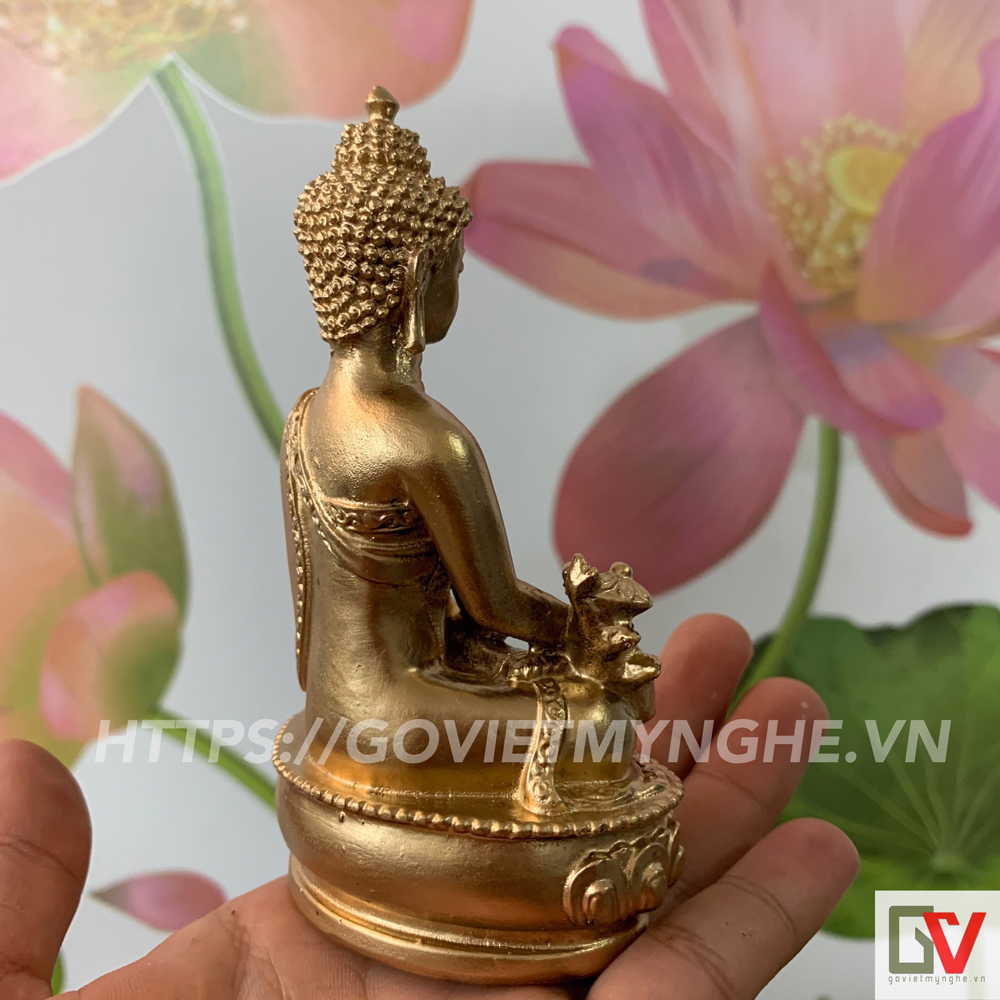 Tượng đá Phật Dược Sư Lưu Ly Quang ngồi tòa sen - Chiều Cao 12cm - Màu nhũ đồng
