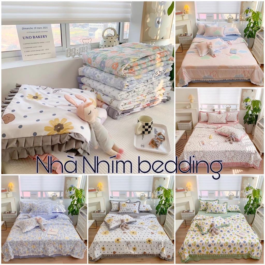 Bộ ga giường chăn chần bông hè chất Cotton Đũi bèo phong cách Hàn Quốc - Nhà Nhím Bedding