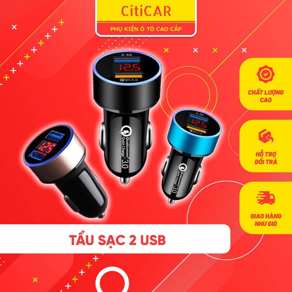 Tẩu cắm sạc trên ô tô, Tẩu sạc ô tô 2 cổng usb làm bằng kim loại sơn tĩnh điện phủ ABS có màn led báo điện áp