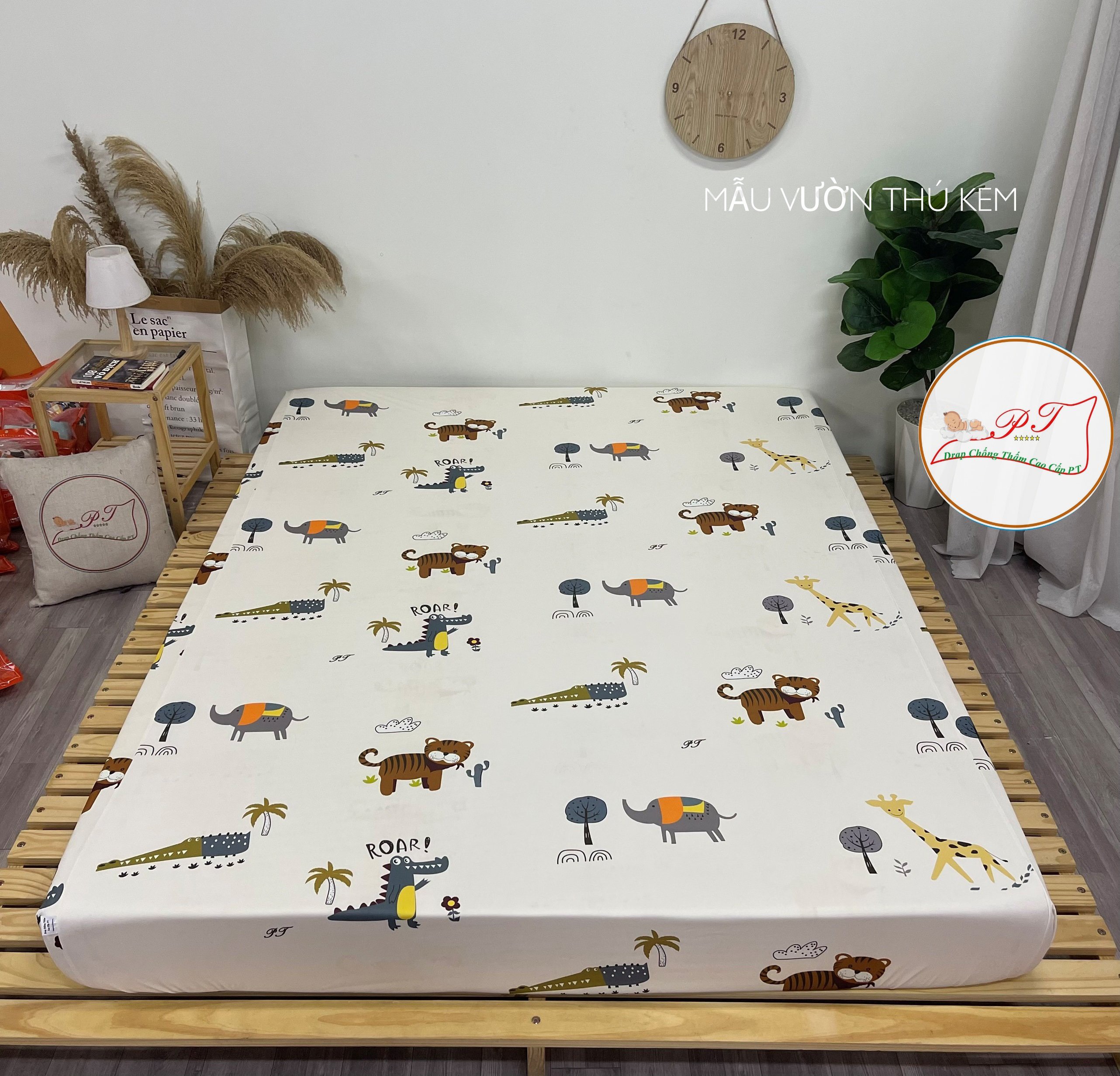 Drap Chống Thấm PT Họa Tiết Vườn Thú Kem