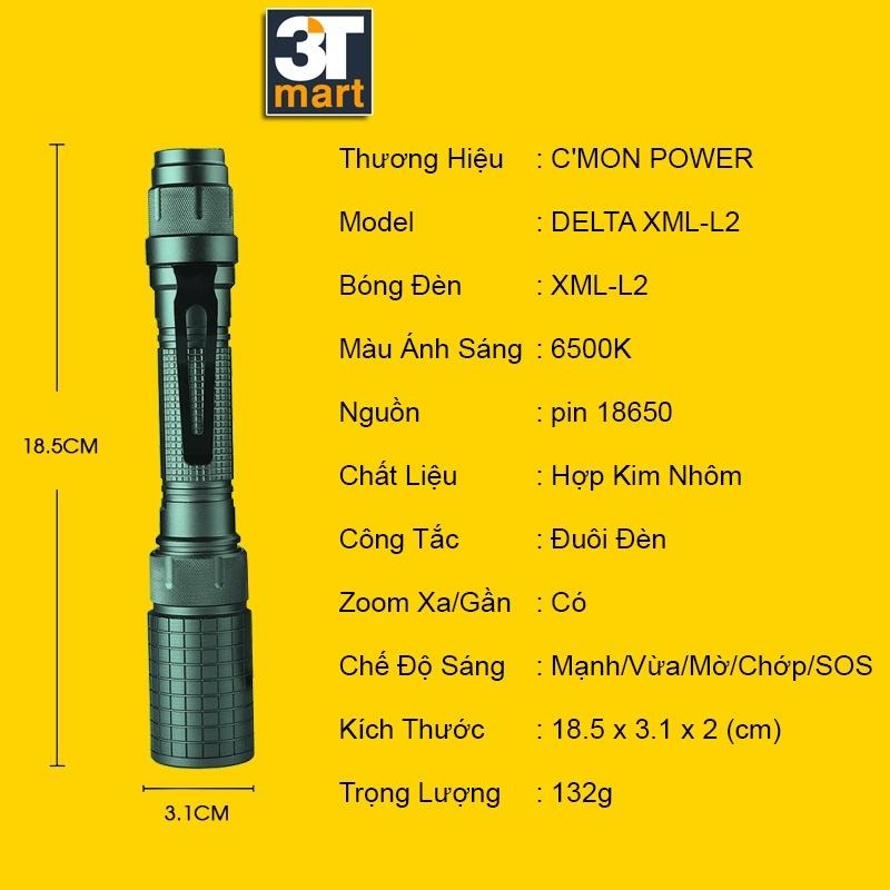 Bộ 1 đèn pin siêu sáng C'mon Power DELTA XML-L2 + 2 pin sạc + bộ sạc đôi nhanh USB 1A