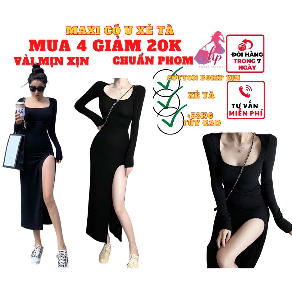 Váy đầm maxi dài nữ ôm body cổ U xẻ tà tay dài thun cottton xịn thời trang dự tiệc sexy phong cách hàn -VD04...