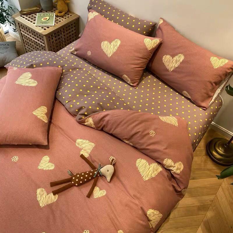 Bộ chăn ga gối Cotton Poly M2T bedding Tim vàng xước, vỏ chăn mên, drap giường và 2 vỏ gối