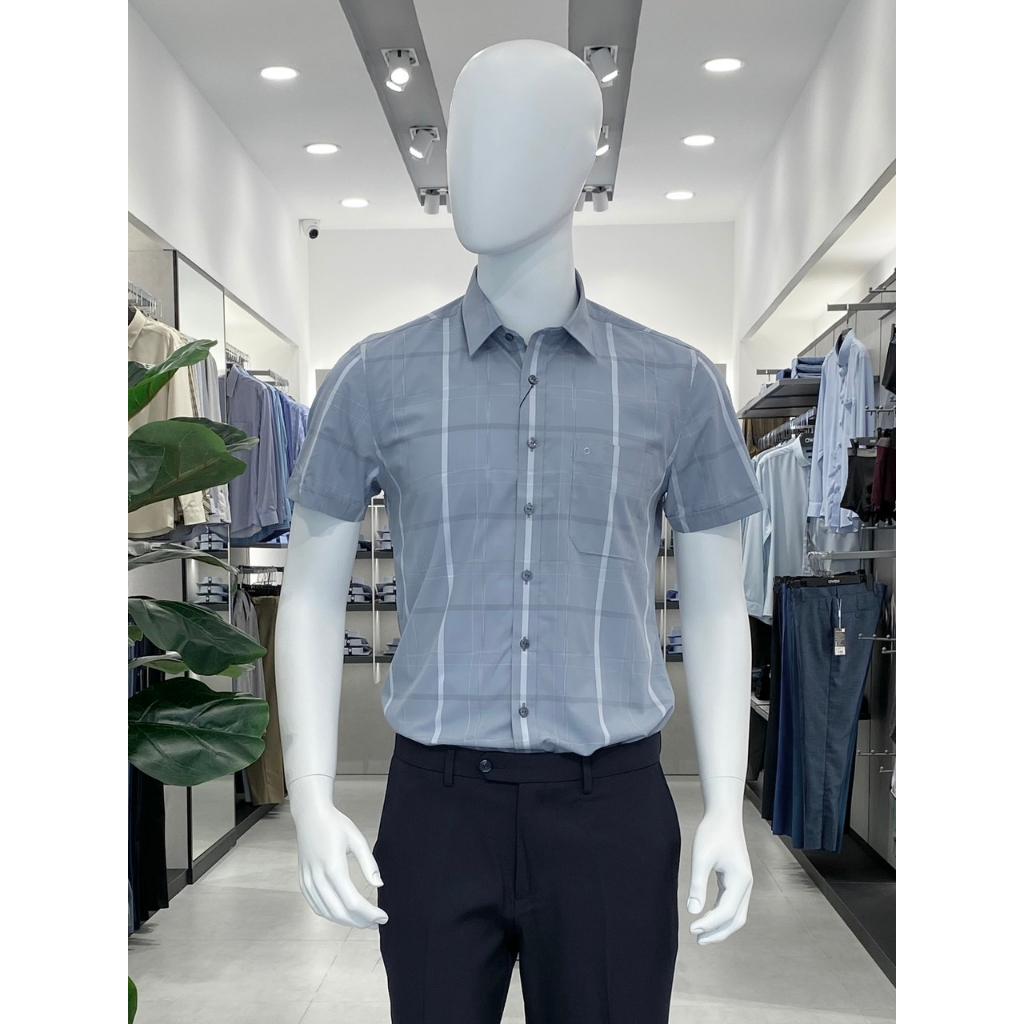 OWEN - Áo sơ mi ngắn tay Owen vạt ngang chất sợi tre kẻ ca rô ghi 230192
