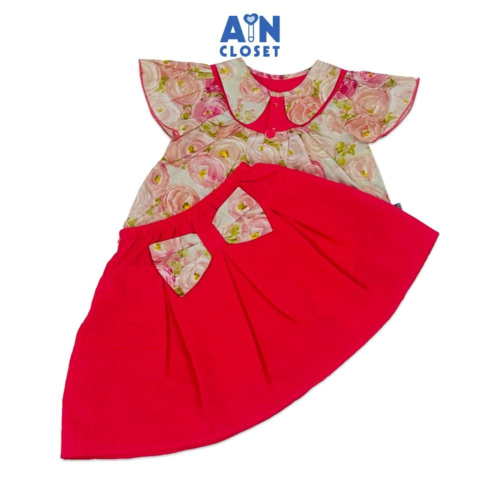 Bộ Áo Váy ngắn bé gái họa tiết Hoa 3D Hồng cotton - AICDBGFSPP0N - AIN Closet