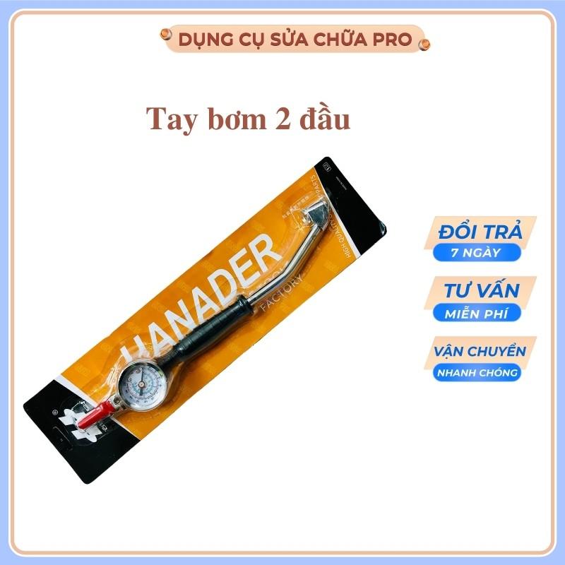 Tay bơm lốp cong 2 đầu bơm lốp ô tô , xe máy có đồng hồ