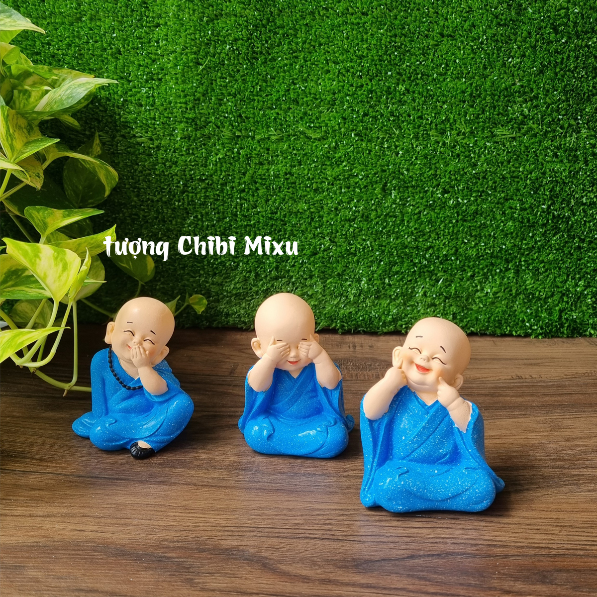 Bộ 03 tượng Tam Không 10cm chú tiểu áo xanh dương kèm chân đế giả đá