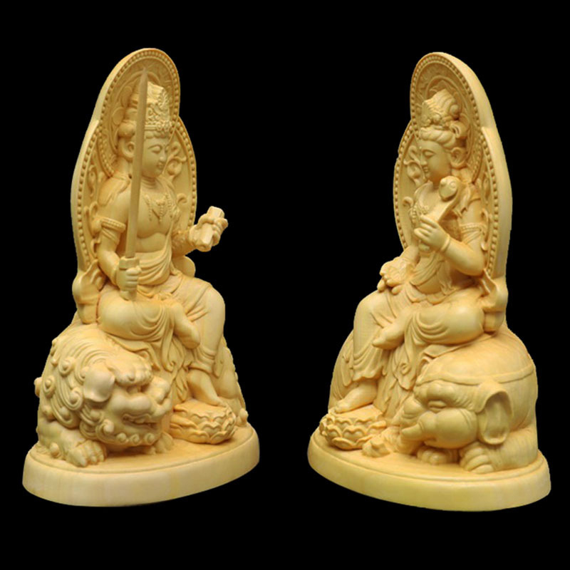 Bộ tượng Văn Thù Bồ Tát và Phổ Hiền Bồ Tát bằng gỗ hoàng dương V550