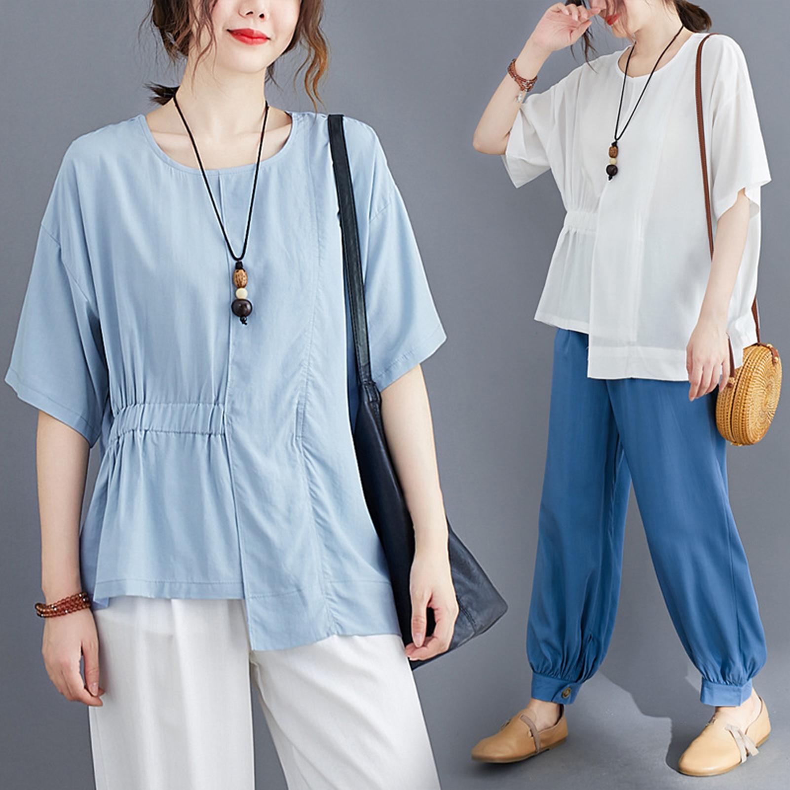 Fashion Women Solid Color Chiffon T-shirt O Neck Short Sleeve Ruched Irregular Hem Loose Casul Shirt Top