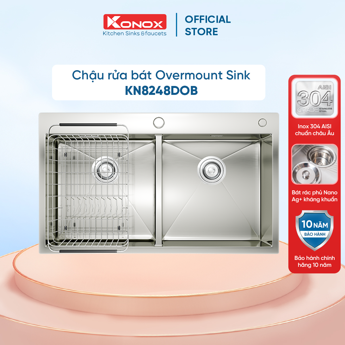 Chậu rửa bát Konox, Overmount Series, Model KN8248DOB , Inox 304AISI tiêu chuẩn châu Âu, 820x480x228(mm), Hàng chính hãng