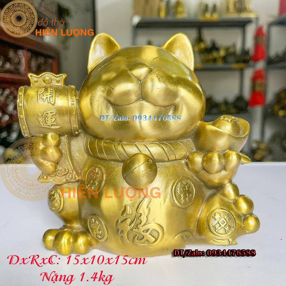 Ống Đựng Tiền Tiết Kiệm Mèo Thần Tài Bằng Đồng Kích Thước15x10x15cm, Nặng 1,4kg Đẹp Phong Thủy