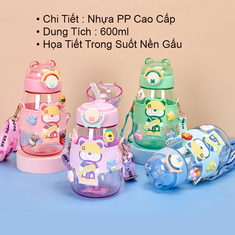 Bình Nước Gấu Nhựa PP Cao Cấp Cho Bé Đi Học Dung Tích 600ml Full Phụ Kiện Và Tặng Kèm Cọ Rửa Bình