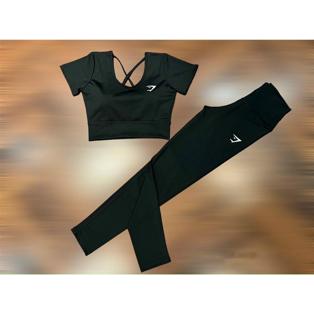 Bộ đồ tập gym yoga nữ 2 dây chéo áo cộc tay, bộ quần áo tập thể thao áo croptop cộc tay và quần dài kèm mút- D16