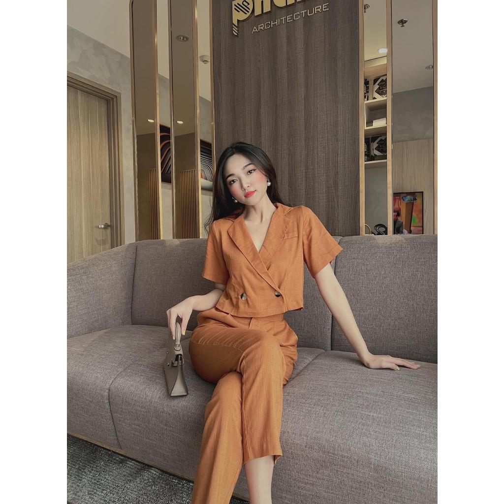 Sét vest nữ ngắn tay phối quần dài 4 màu sắc (Xanh lá, Nõn chuối, Nâu, Hồng) sang chảnh dạo phố, công sở