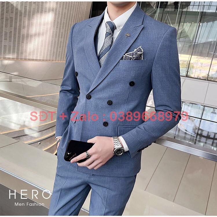 Bộ Vest Nam Cao Cấp 6 khuy màu Xanh Ngọc, Bộ suit nam 6 cúc chất vải xịn