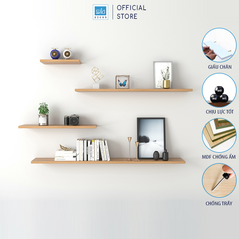 Kệ Ngang Treo Tường Trang Trí Dài 20 Cm Đến 80 Cm, Phụ Kiện Giấu Chân Sib Decor, Gỗ Dày 17Mm Kt001 - Vân Gỗ Sồi - 40X15Cm