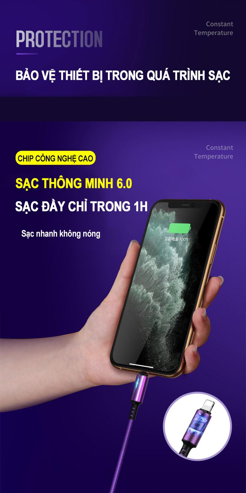 Cáp sạc nhanh hiển thị đèn LED dành cho iphone dây dù 1,2M siêu bền ( Màu ngẫu nhiên )