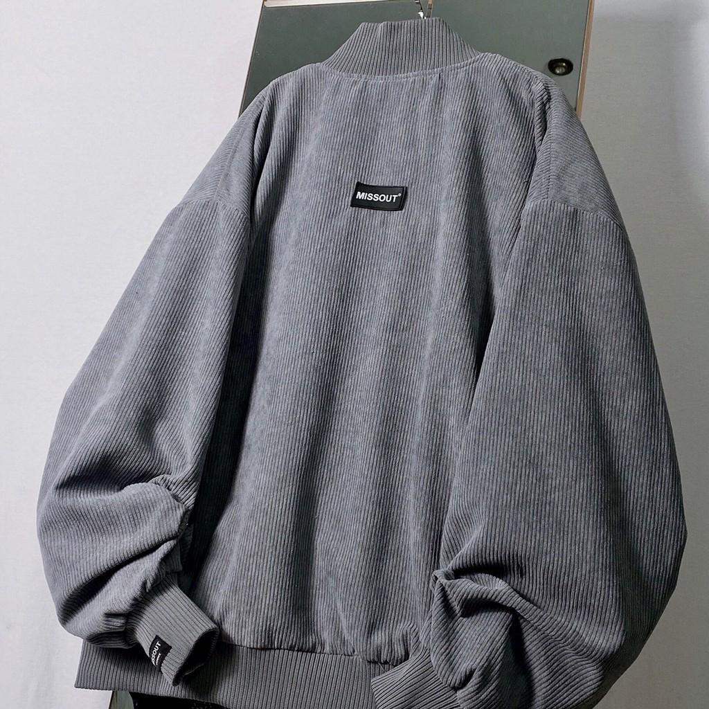 Áo khoác bomber xám - chất vải nhung len gân dày dặn - form rộng unisex nam nữ