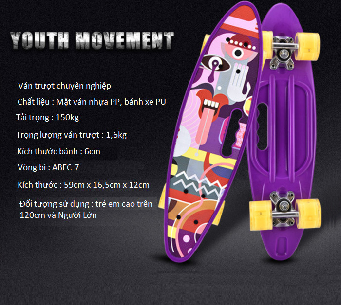 Ván Trượt Skateboard Penny Bánh Xe PU Phát Sáng, Ván Trượt Nhựa PP Chịu Tải Trọng Lớn 150kg, Ván Trượt Dành Cho Thanh Thiếu Niên (giao màu ngẫu nhiên)