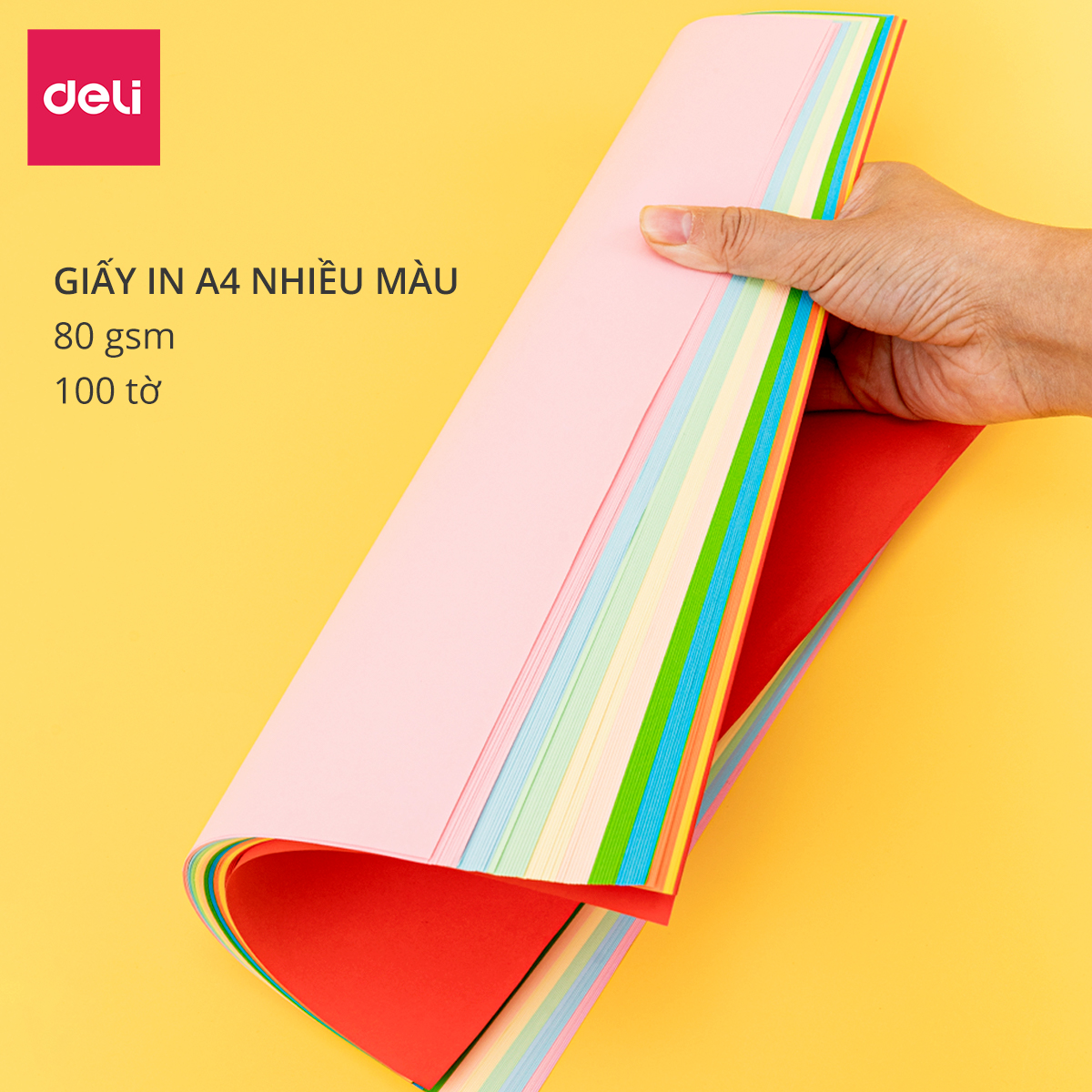 Giấy in A4 nhiều màu khổ Deli - Định lượng 80gsm - 100 trang/tệp - 2 tông màu pastel / sặc sỡ - 7788