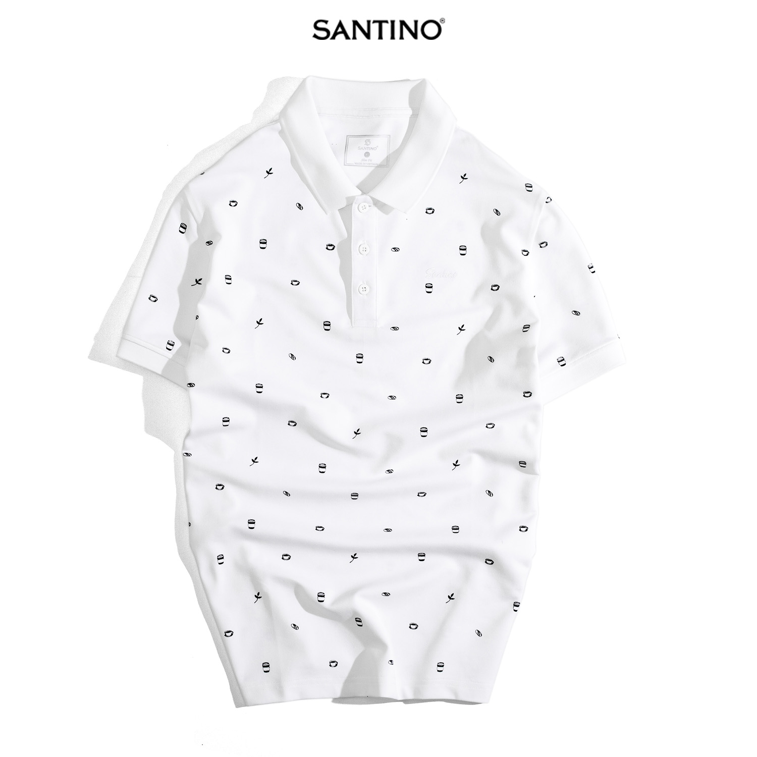 Áo Polo nam SANTINO, họa tiết café, Cotton Cá Sấu, kháng khuẩn chống nhăn - E012