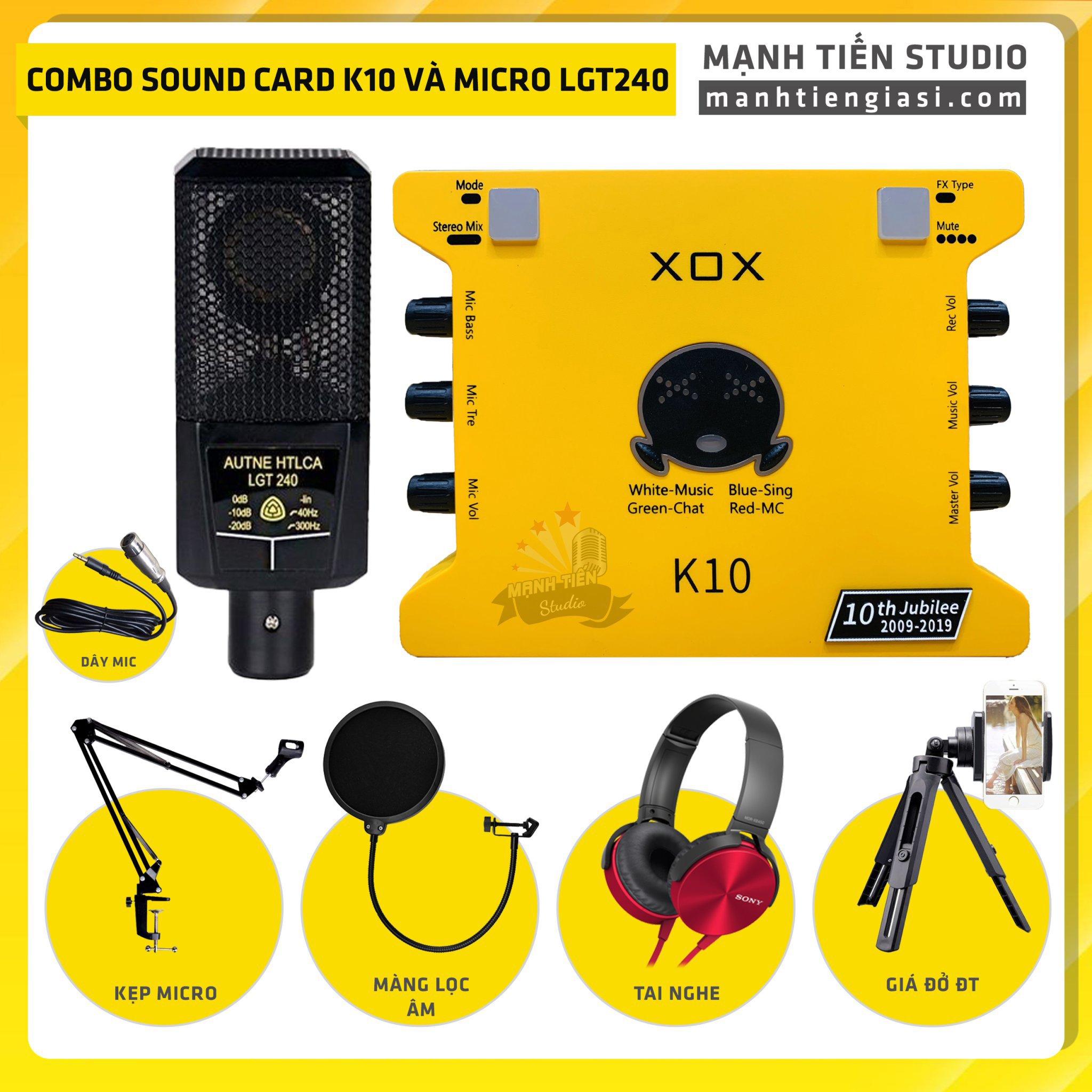 Combo thu âm, livestream Micro LGT 240, Sound card XOX K10 Jubilee - Kèm full phụ kiện kẹp micro, màng lọc, tai nghe, giá đỡ ĐT - Hỗ trợ thu âm, karaoke online chuyên nghiệp - Hàng nhập khẩu