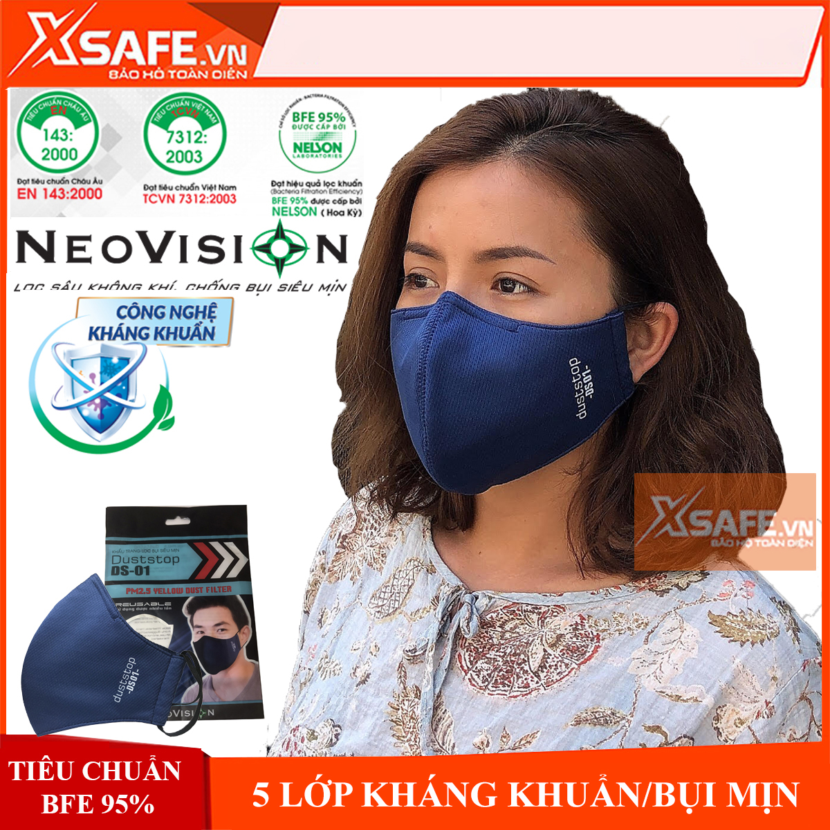 Khẩu trang kháng khuẩn Neomask Duststop DS01 màng lọc 6 lớp kháng khuẩn chống bụi mịn (giặt được) Tiêu chuẩn Nelson Hoa Kỳ