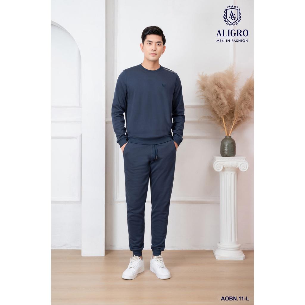 Bộ nỉ nam dài tay ALIGRO cổ tròn chất liệu nỉ 100% cotton form slim màu navy ALGBN.11