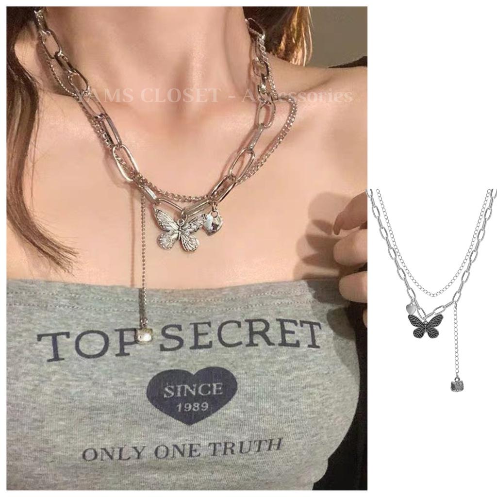 Dây chuyền choker 2 tầng chi tiết Butterfly màu bạc swag dành cho nữ