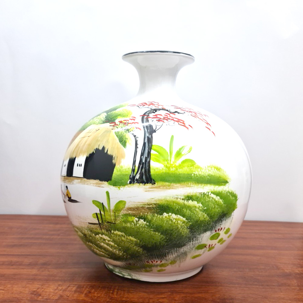 Bình Hút Lộc Gốm Sứ Trắng Vẽ Tranh Đồng Quê - 30cm - Maxi