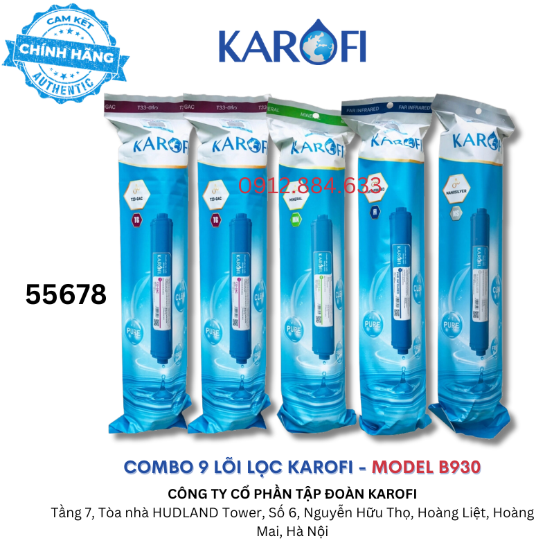 Combo 5 lõi lọc Karofi cho máy Karofi B930 gồm các lõi 55678 (2 lõi T33) - Hàng chính hãng