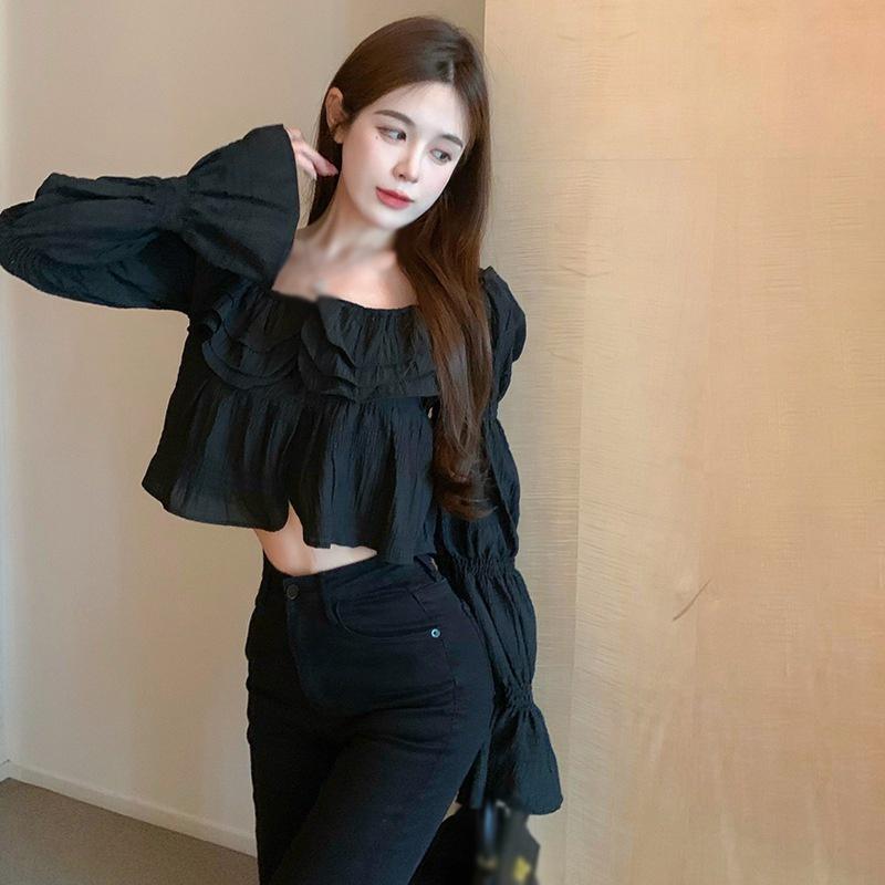 Áo kiểu nữ Hàn quốc tay dài nhún cách điệu phối bèo chất xốp sang mịn đẹp - AO086