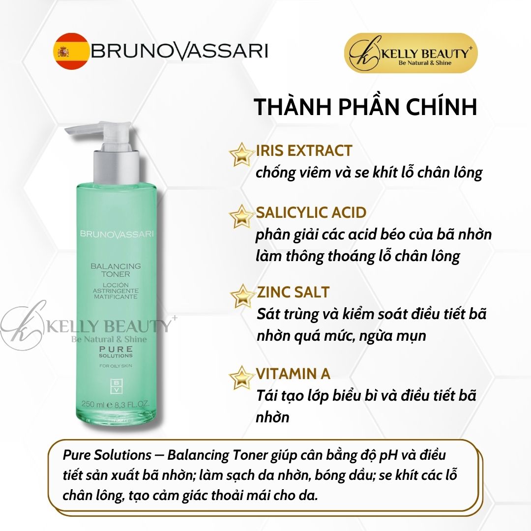 Toner Cân Bằng Cho Da Dầu Mụn Pure Solutions Balancing Toner - Bruno Vassari | Kelly Beauty