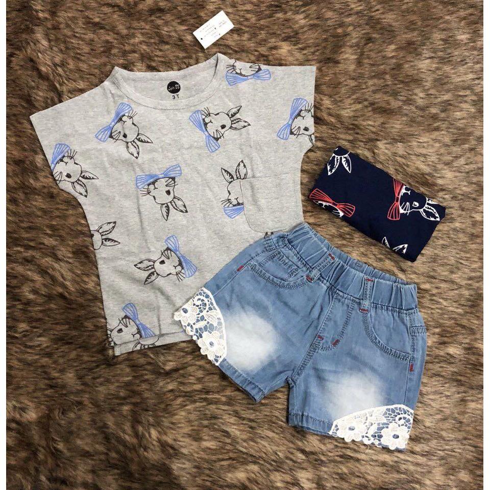 SÉT ÁO THUN THỎ PHỐI QUẦN SHORT JEAN ĐÍNH REN