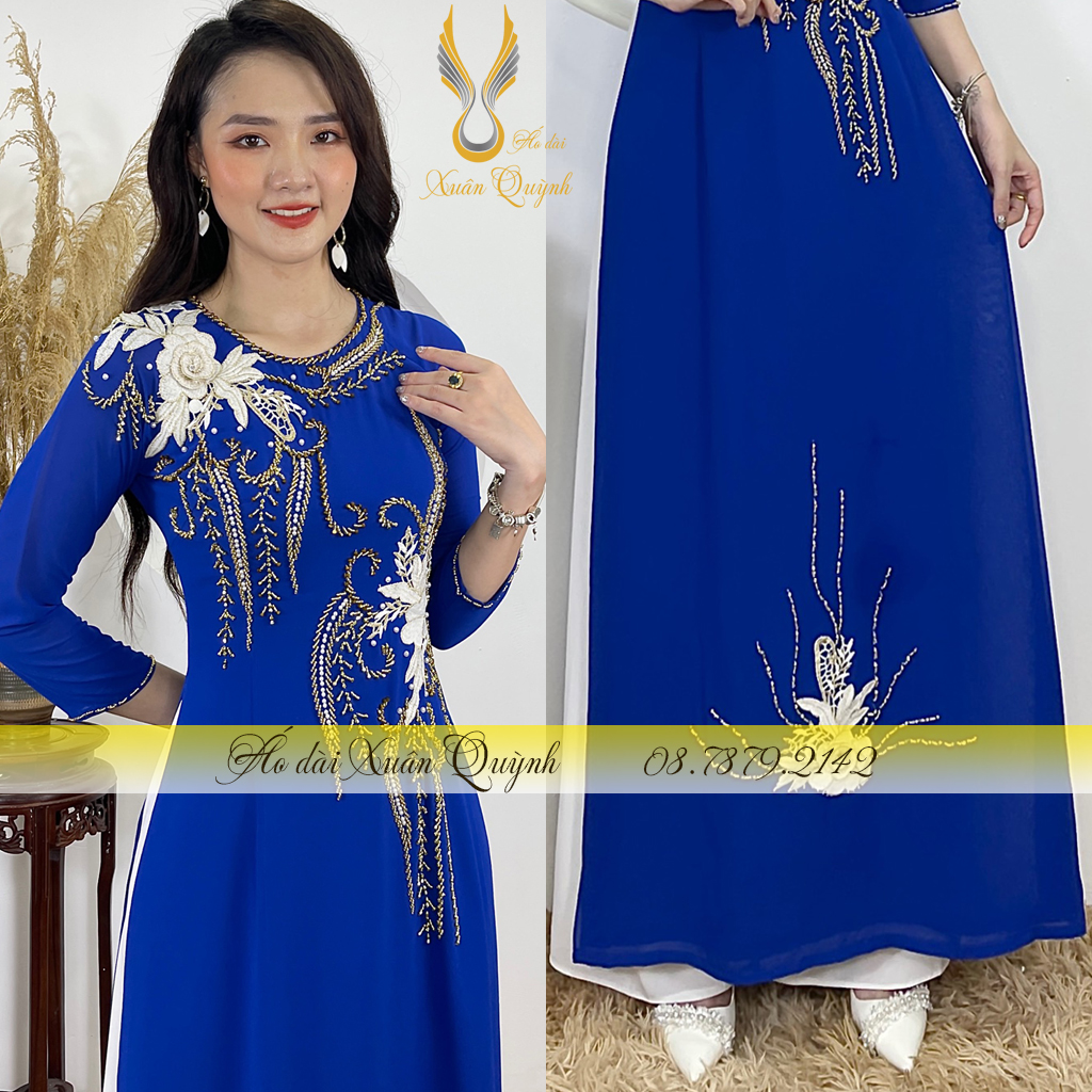Áo Dài Mẹ - Sui Gia Đám Cưới 4 Tà, Đính Kết Thủ Công Quý Phái, Sang Trọng M02 Xanh CôBan