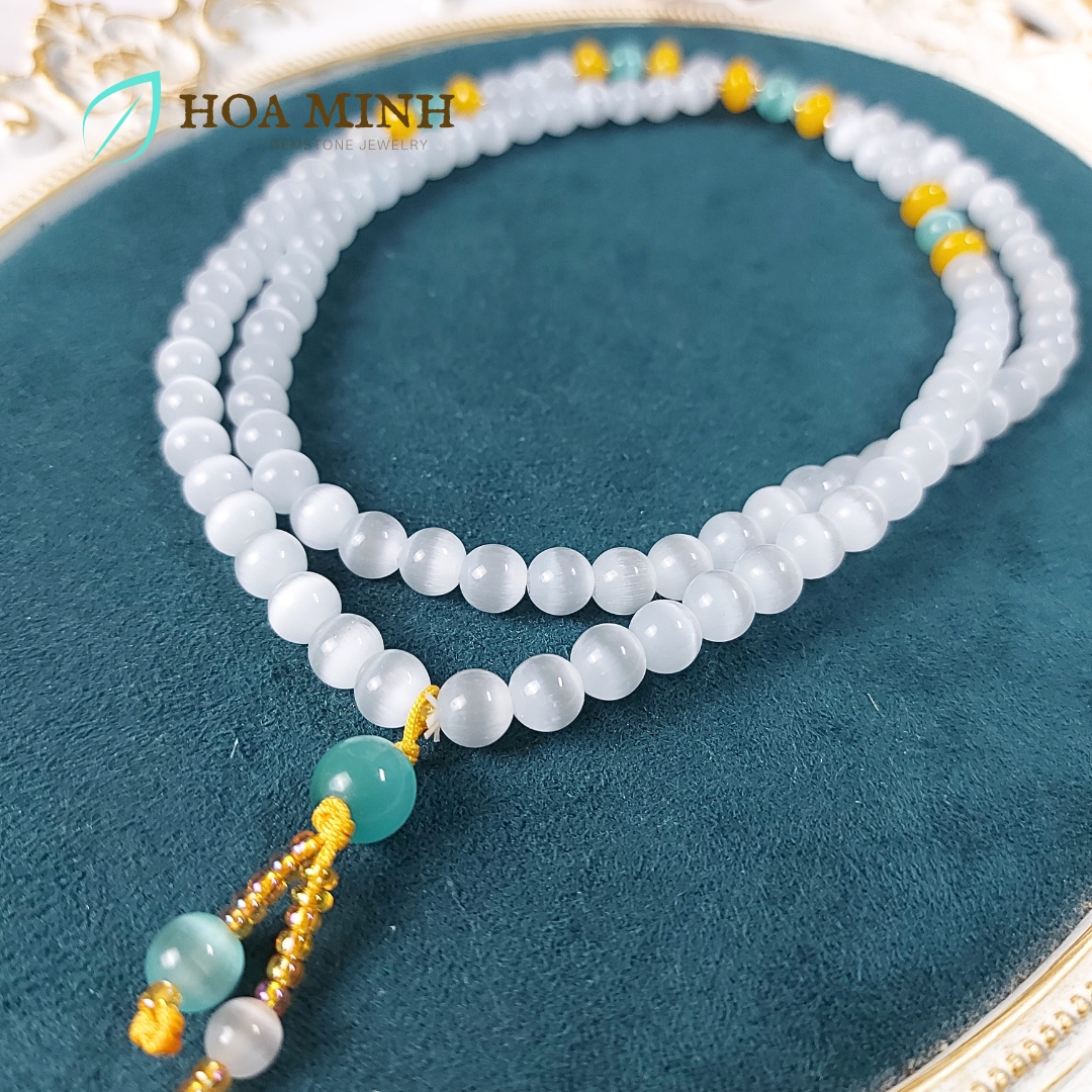 Vòng tay đá Mắt Mèo trắng size hạt 8 li chuỗi 108 hạt phối mắt mèo xanh, hạt bánh xe mã não vàng