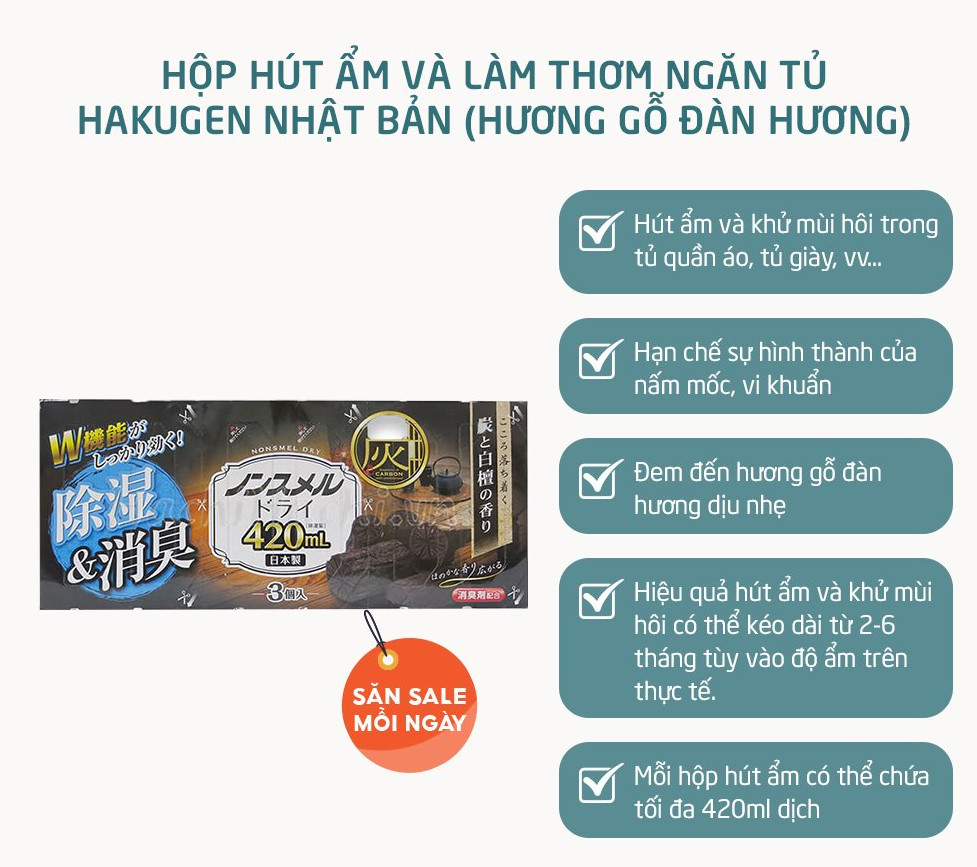 Hộp Hút Ẩm Và Làm Thơm Quần Áo, Tủ Giày… Hakugen Nhật Bản Hương Gỗ Đàn Hương 