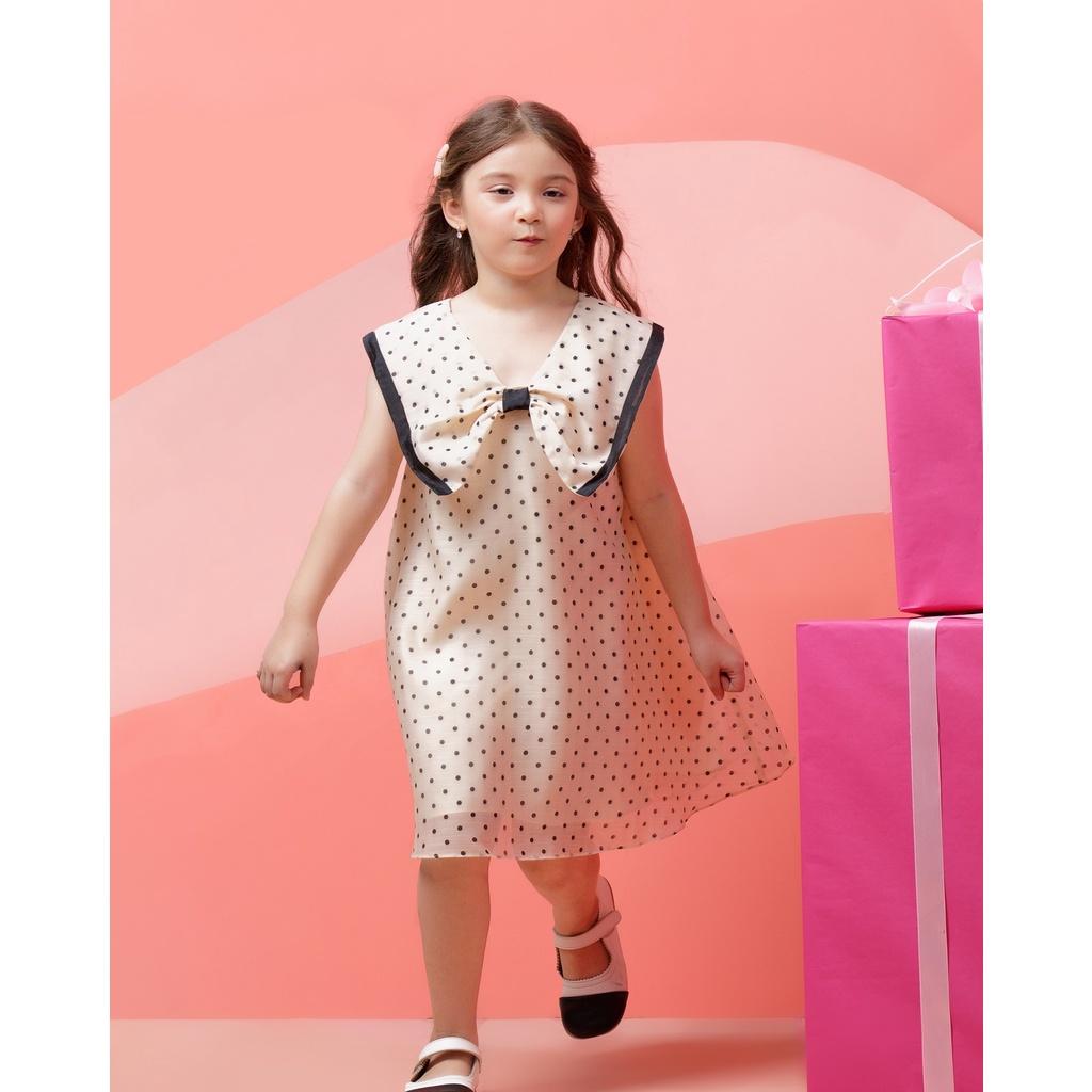 Đầm chấm bi bé gái BYZU chất liệu tơ cotton, váy thiết kế nổi bật với chiếc nơ to